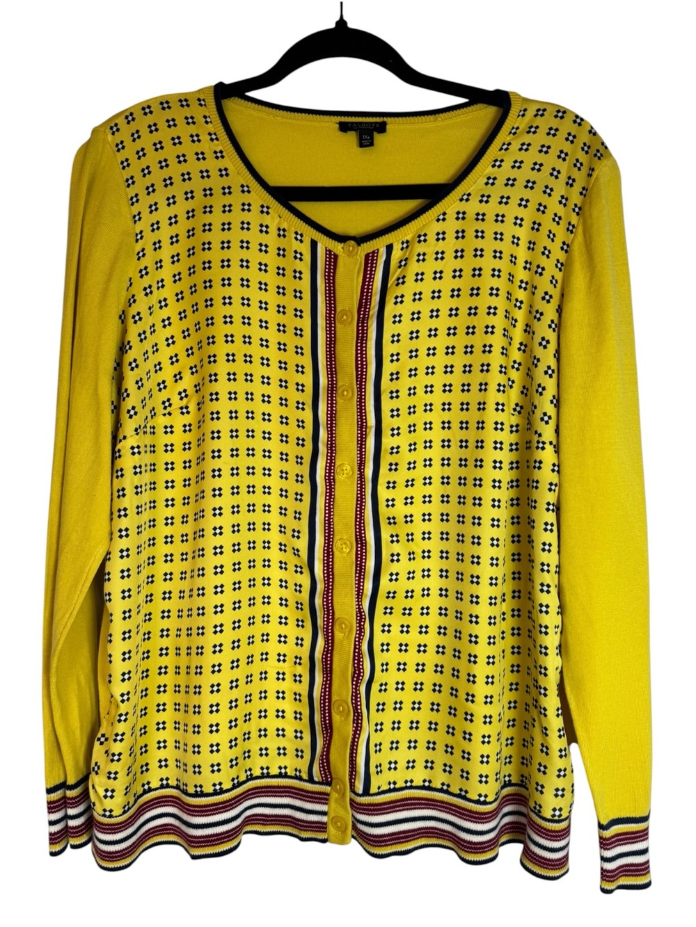 Talbots Charming Geo-Print Patterned 1X Petite Cardigan with Striped Accent